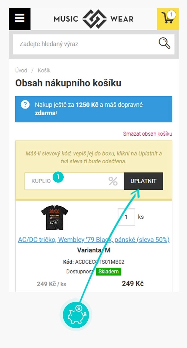 Návod jak uplatnit slevový kód v košíku e-shopu Musicwear