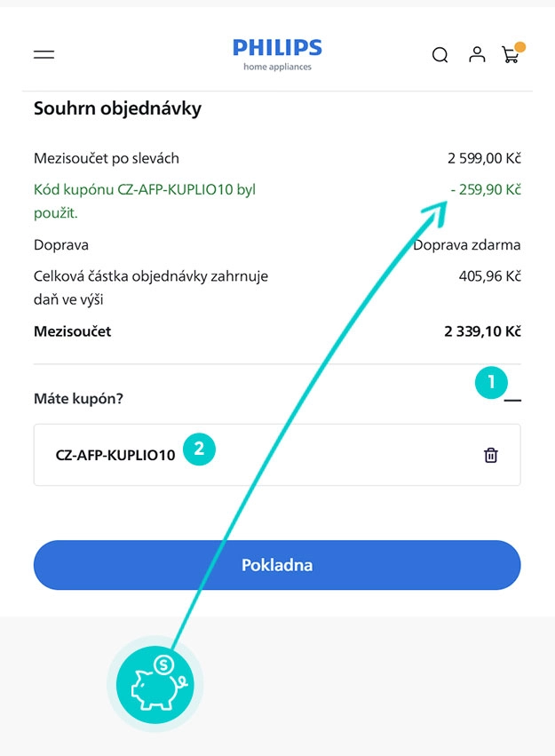 Návod jak uplatnit slevový kód v košíku e-shopu Philips Home Appliances