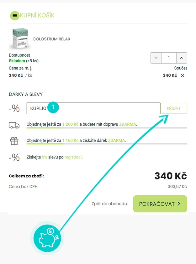 Návod jak uplatnit slevový kód v košíku e-shopu COLVIA
