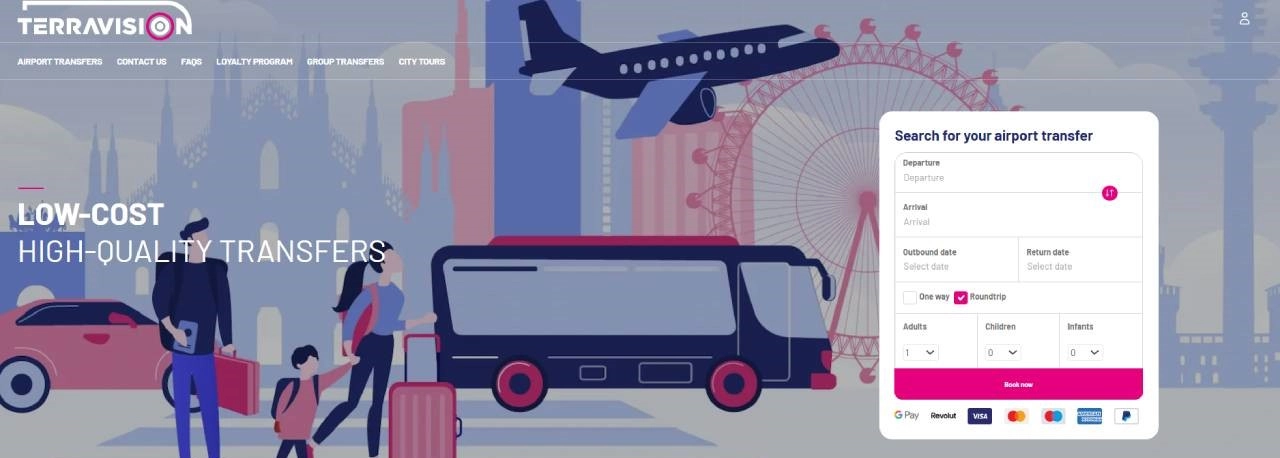 kreslená rodina, auto, autobus a letadlo a možnost hledání transferu