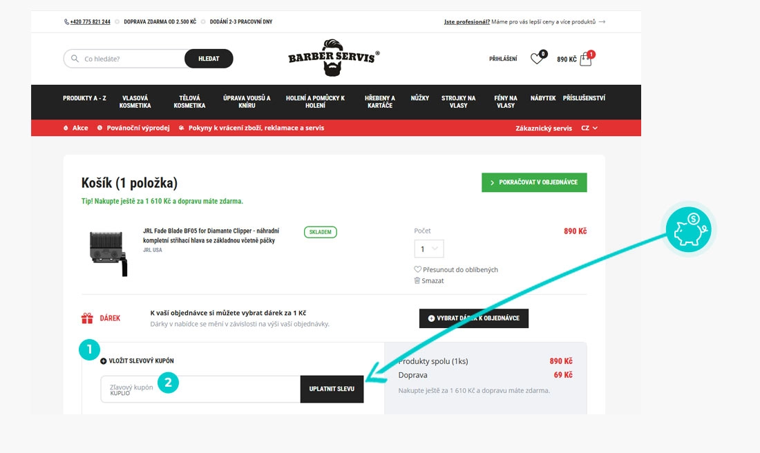 Návod jak uplatnit slevový kód v košíku e-shopu Barber Servis