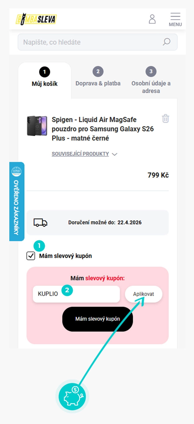 Návod jak uplatnit slevový kód v košíku e-shopu BombaSleva