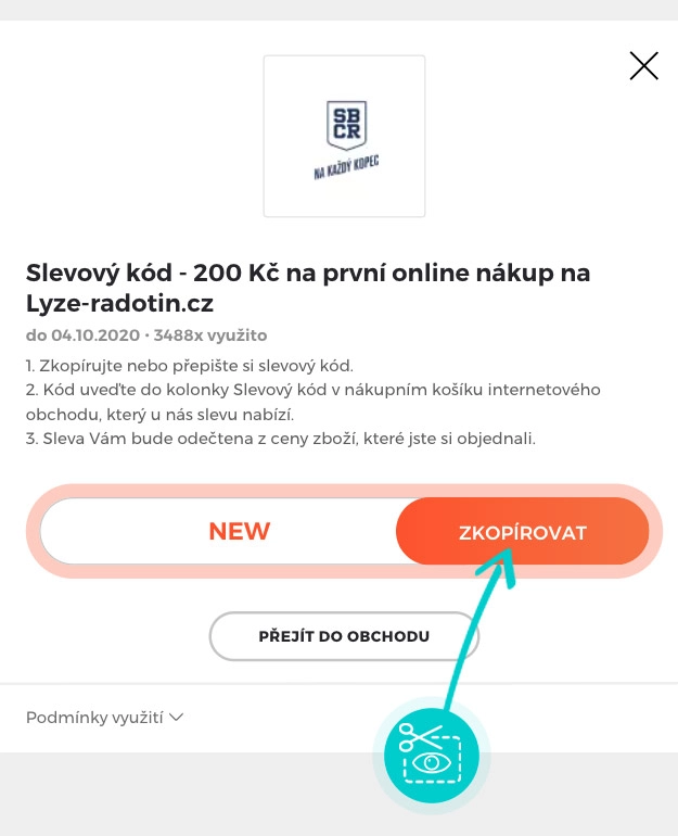 Návod jak zkopírovat slevový kód Lyže Radotín