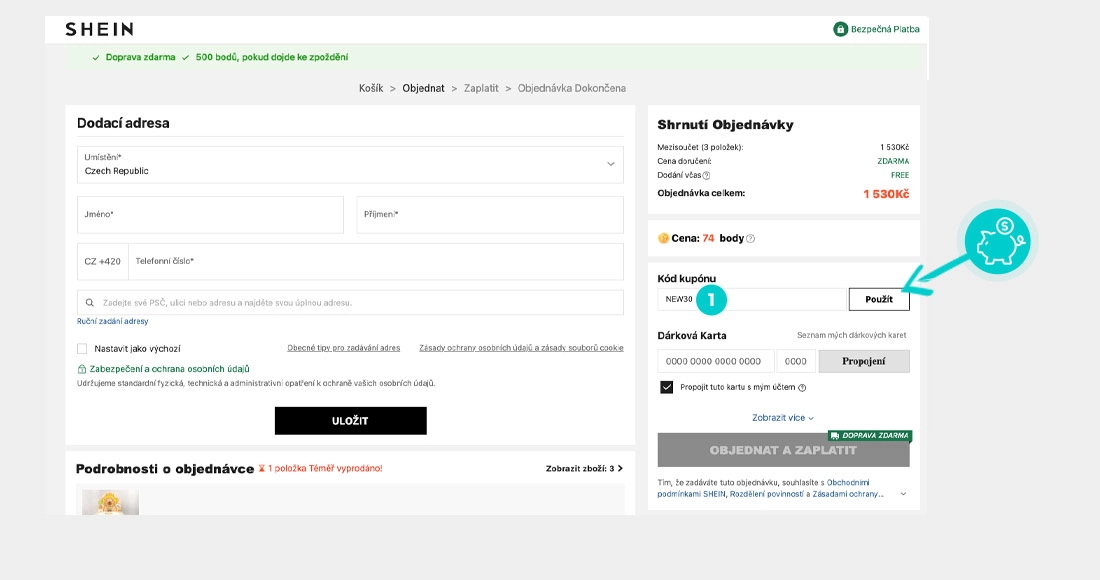 Návod jak uplatnit slevový kód v košíku e-shopu Shein