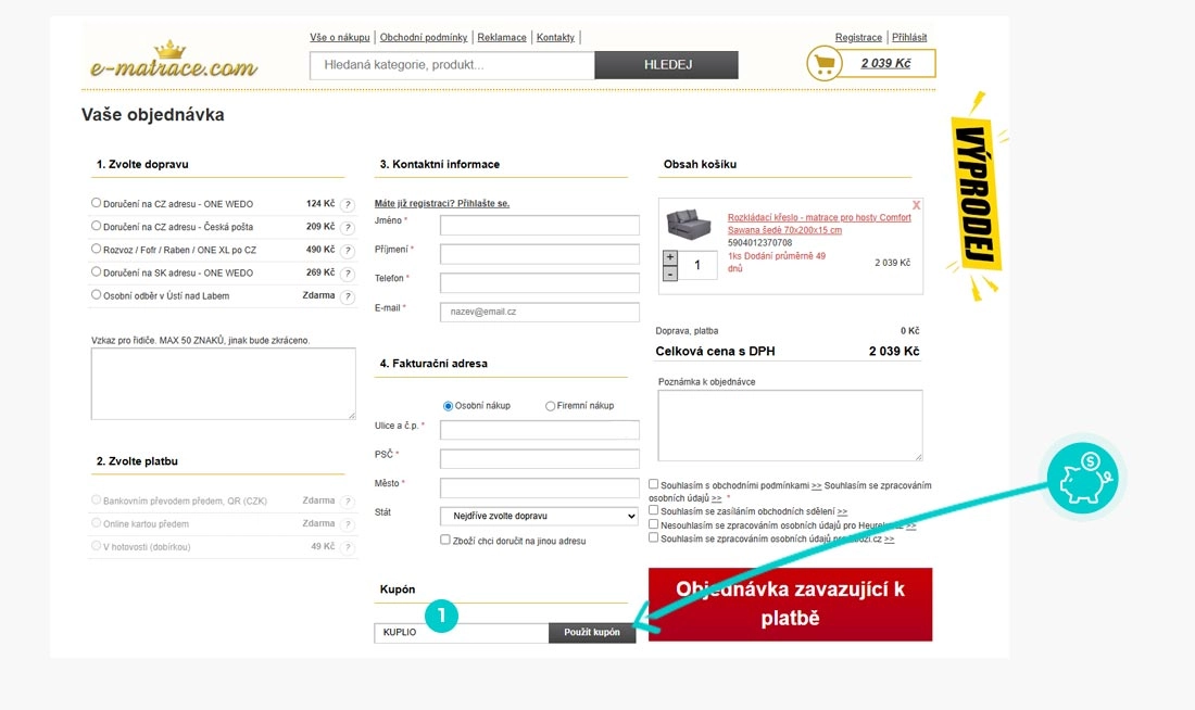 Návod jak uplatnit slevový kód v košíku e-shopu e-matrace.com