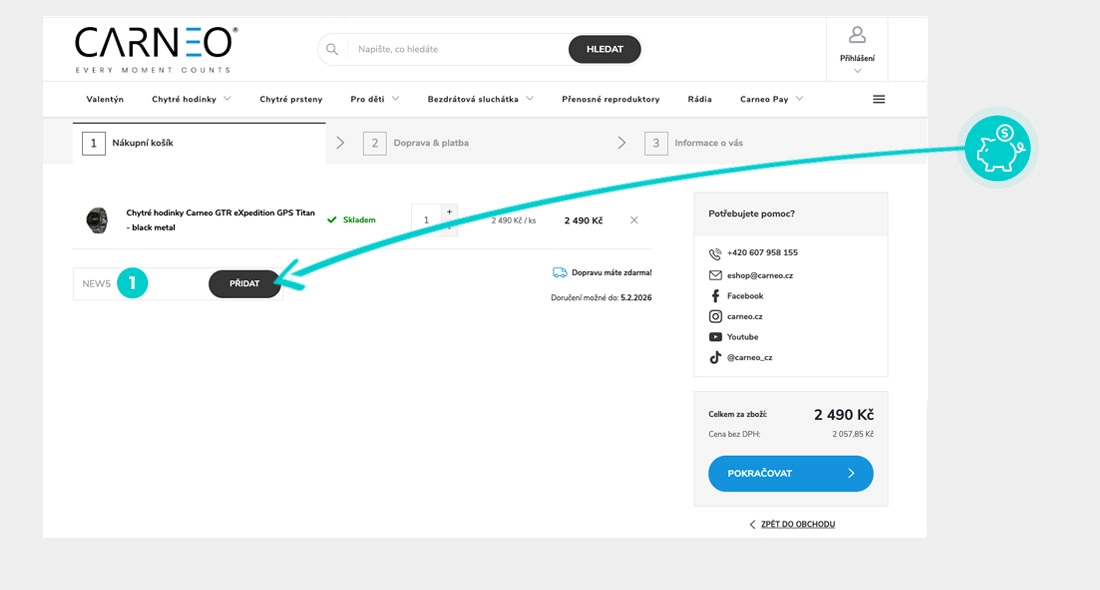 Návod jak uplatnit slevový kód v košíku e-shopu Carneo