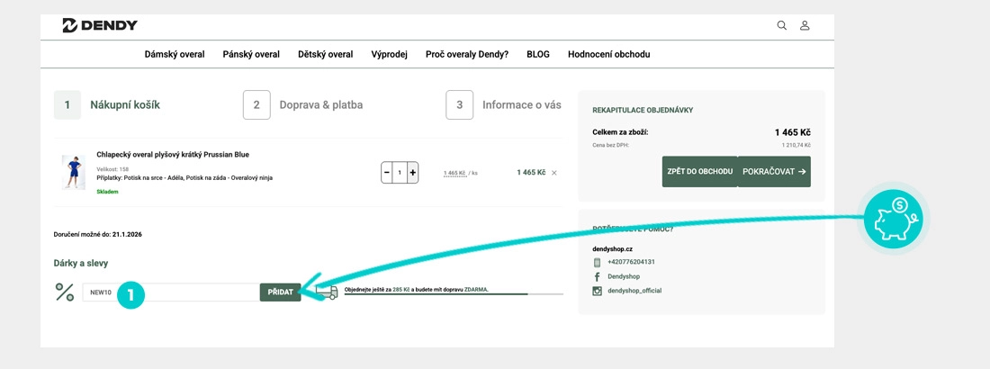 Návod jak uplatnit slevový kód v košíku e-shopu Dendy