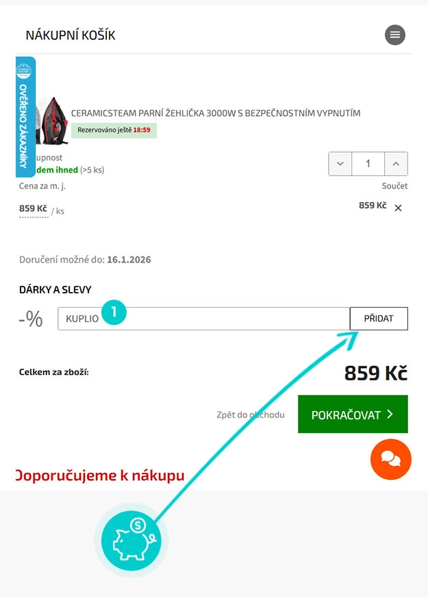 Návod jak uplatnit slevový kód v košíku e-shopu tibabu.cz