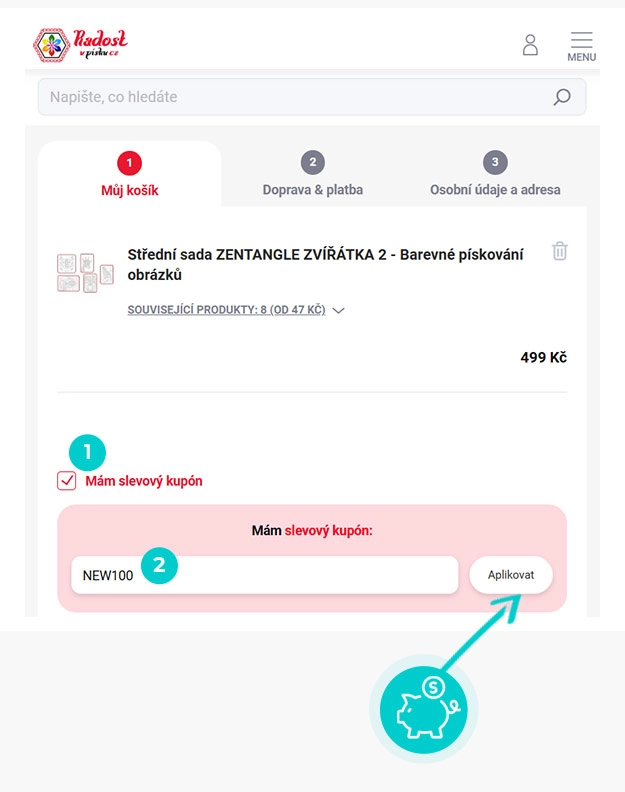 Návod jak uplatnit slevový kód v košíku e-shopu Radostvpisku.cz