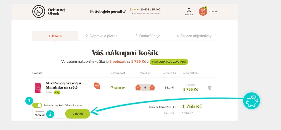 Návod jak uplatnit slevový kód v košíku e-shopu Ochutnej ořech