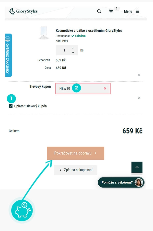 Návod jak uplatnit slevový kód v košíku e-shopu GloryStyles