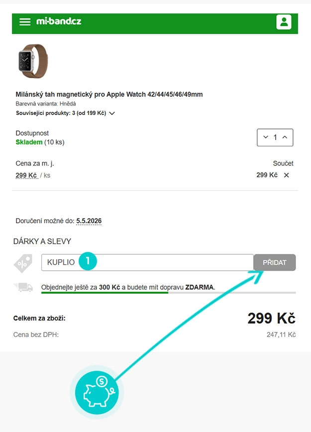 Návod jak uplatnit slevový kód v košíku e-shopu Mi-band