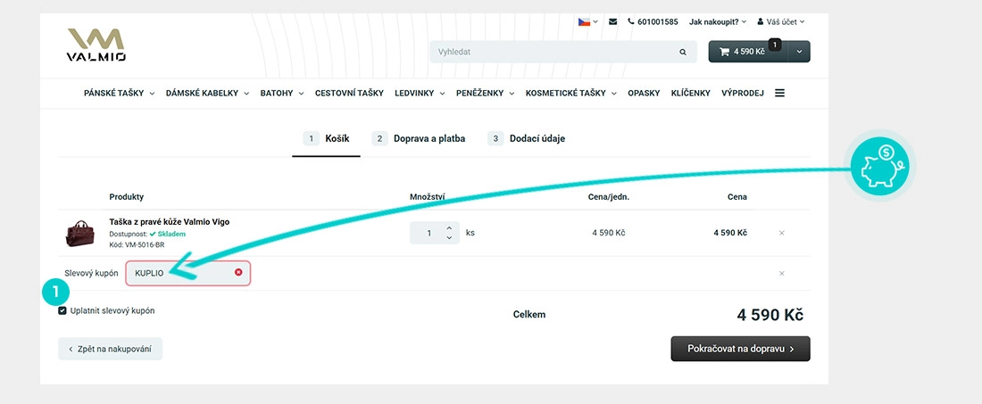 Návod jak uplatnit slevový kód v košíku e-shopu Valmio