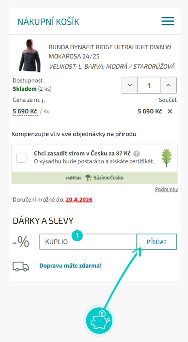 Návod jak uplatnit slevový kód v košíku e-shopu Sachasport