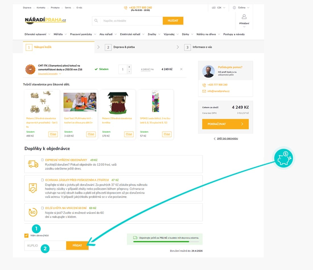 Návod jak uplatnit slevový kód v košíku e-shopu Nářadí Praha