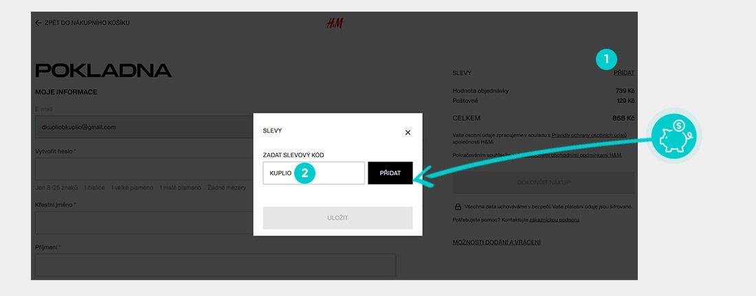 Návod jak uplatnit slevový kód v košíku e-shopu H&M