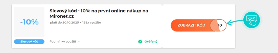 Ukázka slevového kódu Mironet