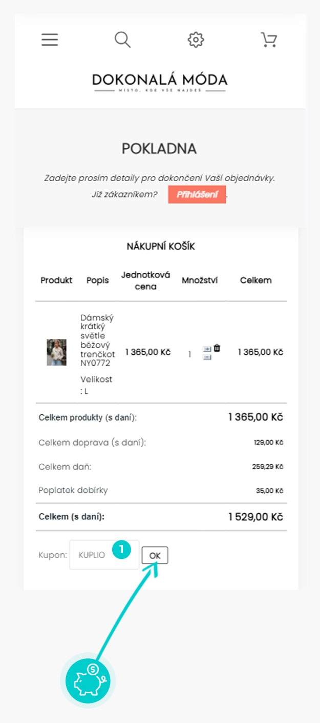 Návod jak uplatnit slevový kód v košíku e-shopu Dokonalá Móda