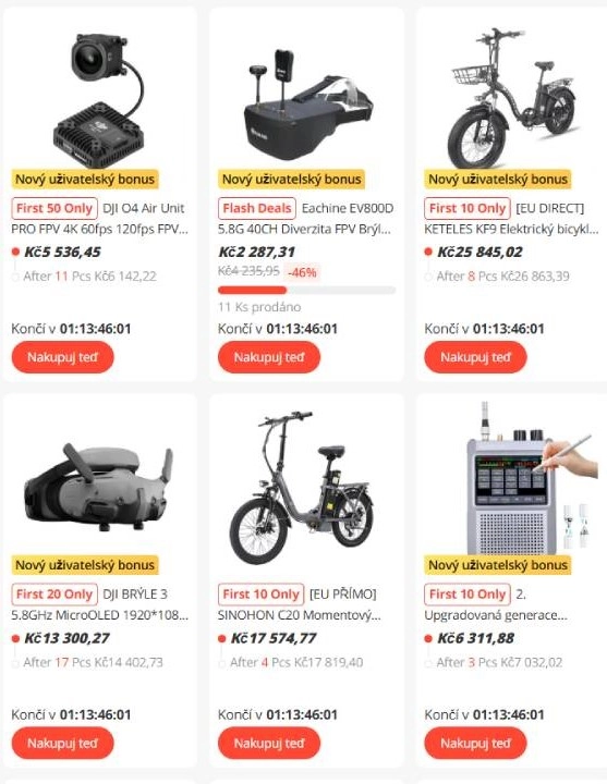 kamera, VR brýle, elektrické kola, vysílačka a DJI brýle