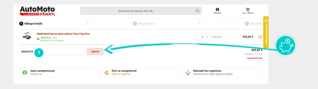 Návod jak uplatnit slevový kód v košíku e-shopu Auto Moto Přikryl