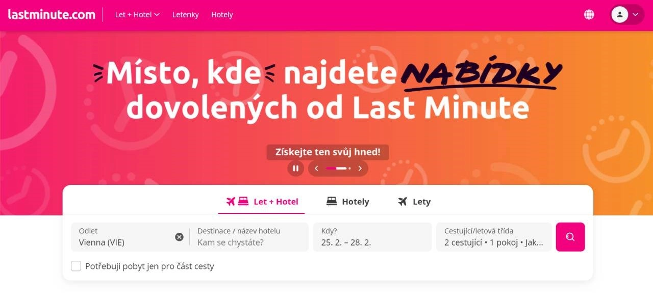 homepage lastminute.com s možností výběru destinace, termínu a počtu cestujících