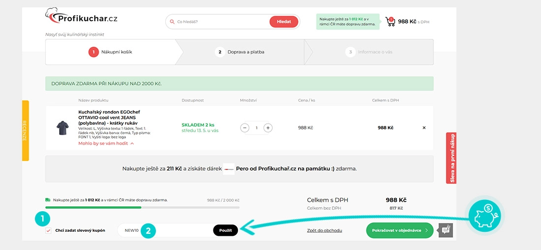 Návod jak uplatnit slevový kód v košíku e-shopu Profikuchar