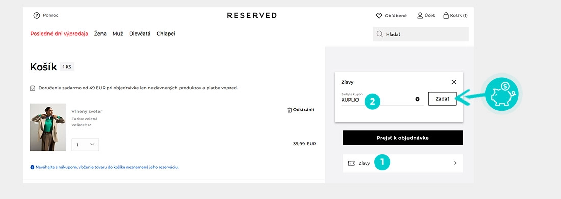 Návod jak uplatnit slevový kód v košíku e-shopu Reserved