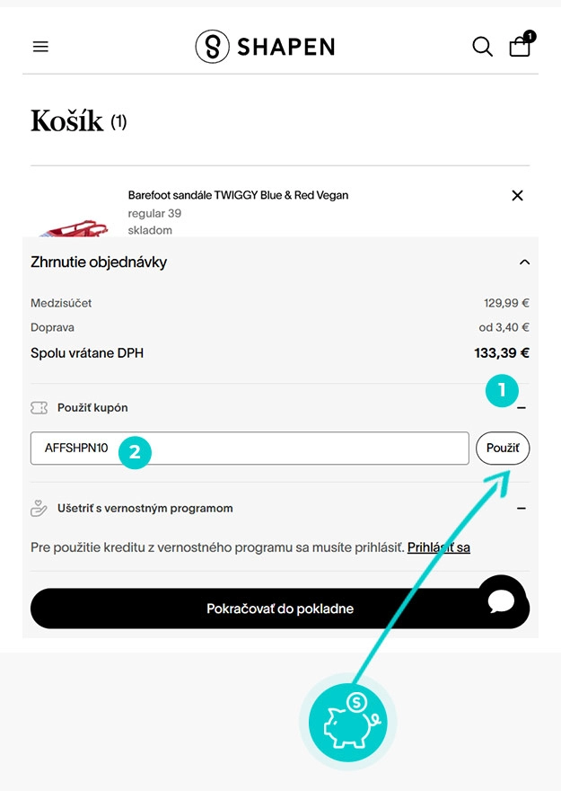 Návod jak uplatnit slevový kód v košíku e-shopu Shapen