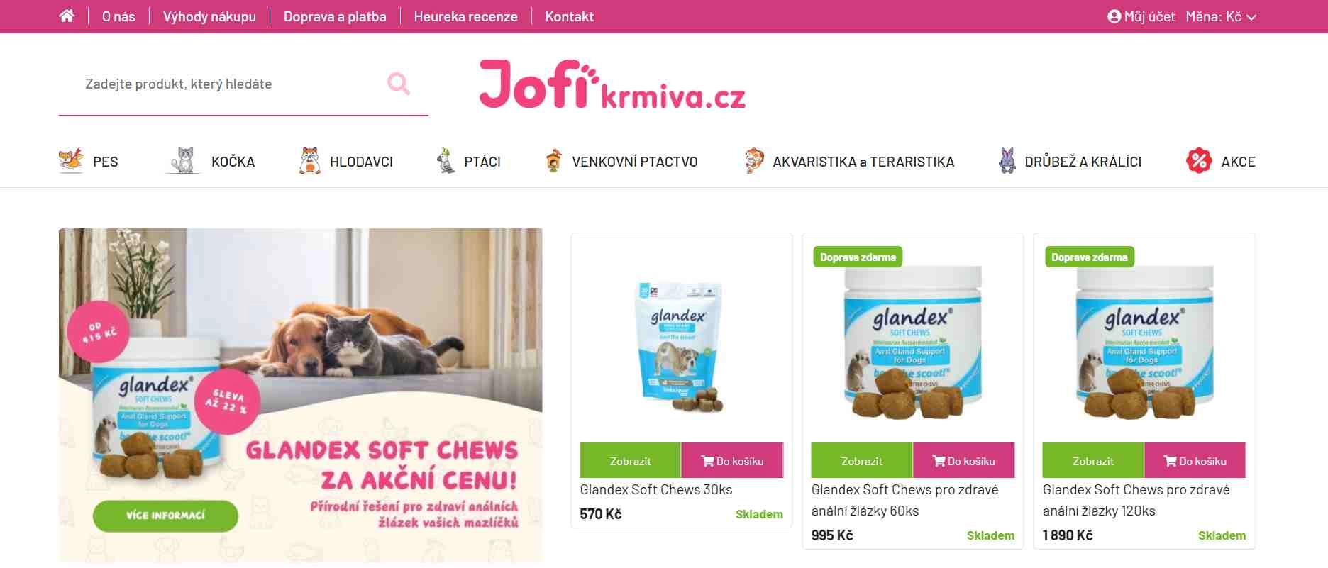 webové stránky e-shopu s nabídkou granulí pro psy a kočky