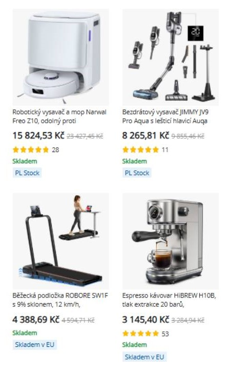 robotický vysavač, bezdrátový vysavač, běžecká podložka a espresso kávovar