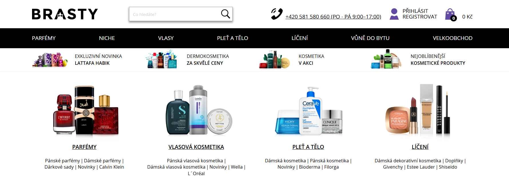 webové stránky s nabídkou kosmetiky v kategoriích