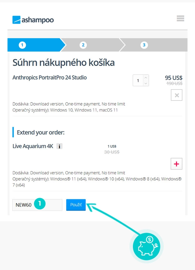 Návod jak uplatnit slevový kód v košíku e-shopu Ashampoo