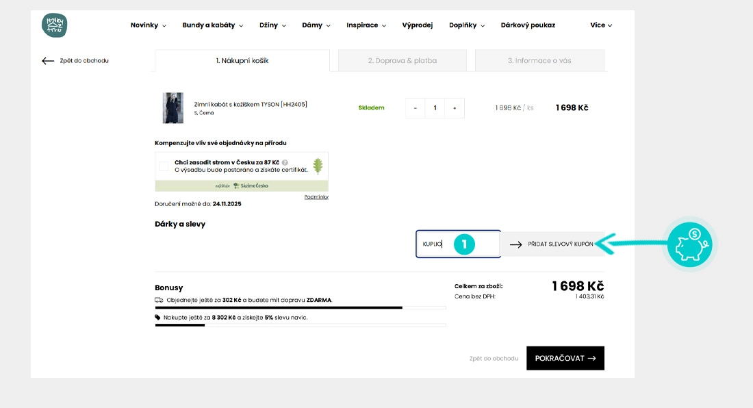 Návod jak uplatnit slevový kód v košíku e-shopu Holky z trhu