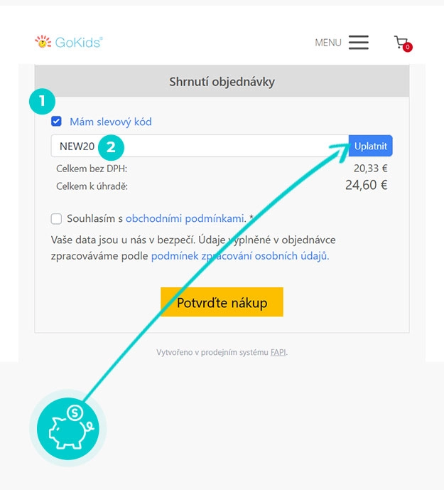 Návod jak uplatnit slevový kód v košíku e-shopu GoKids