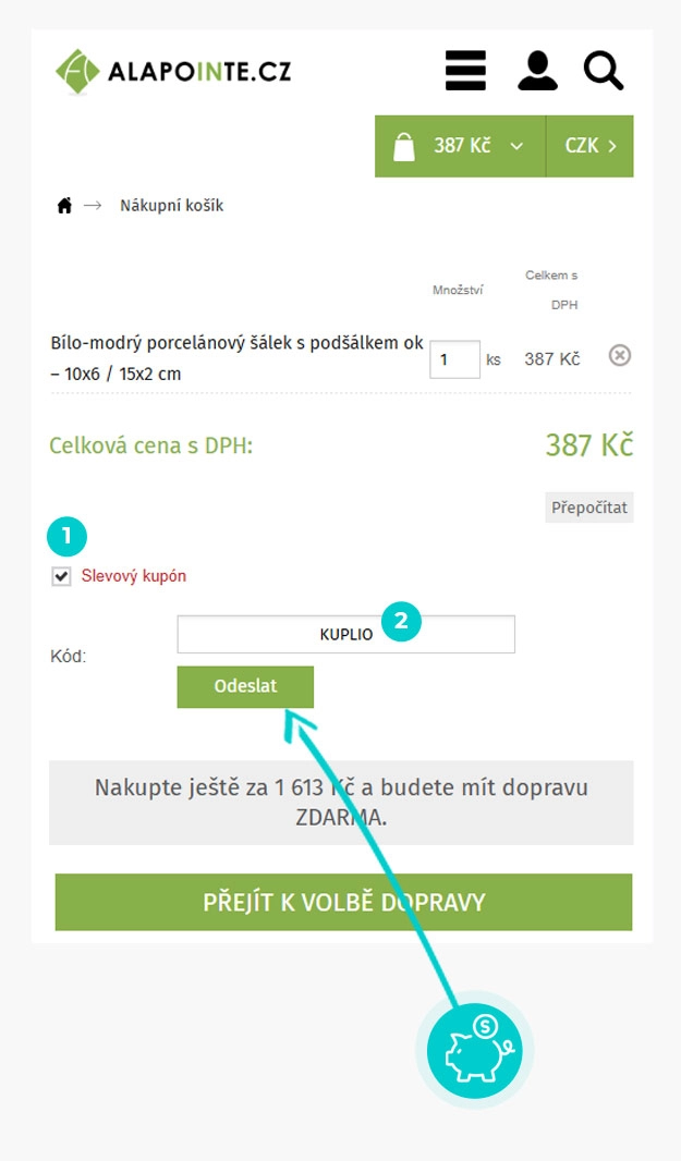 Návod jak uplatnit slevový kód v košíku e-shopu Alapointe