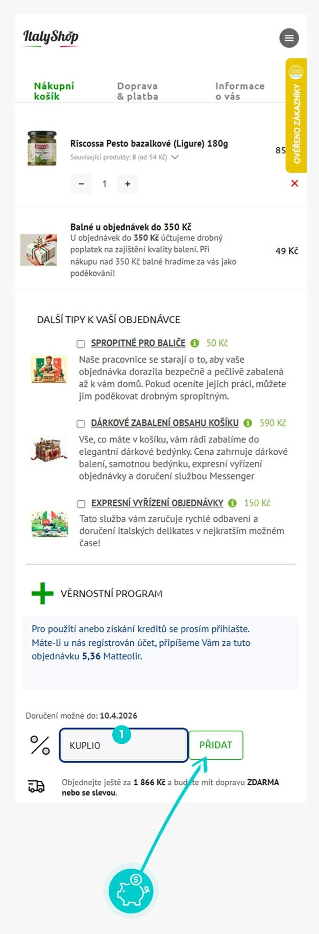 Návod jak uplatnit slevový kód v košíku e-shopu ItalyShop