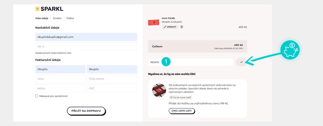 Návod jak uplatnit slevový kód v košíku e-shopu Sparkl