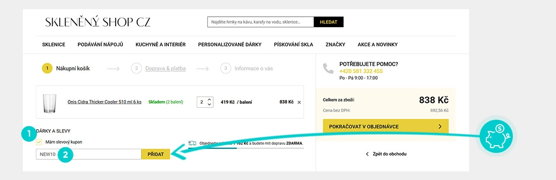 Návod jak uplatnit slevový kód v košíku e-shopu Skleněný shop