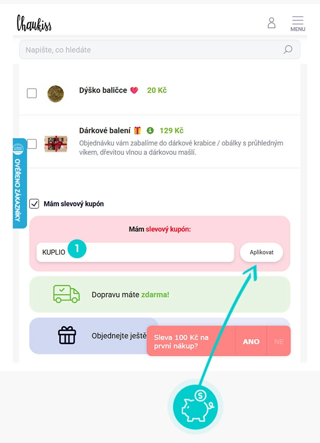 Návod jak uplatnit slevový kód v košíku e-shopu Chaukiss