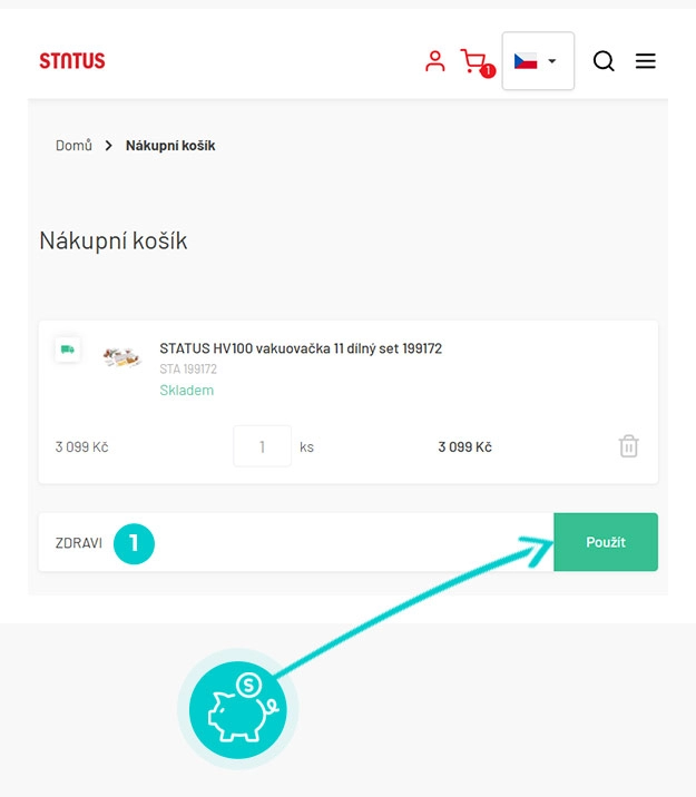 Návod jak uplatnit slevový kód v košíku e-shopu Status pomocníci