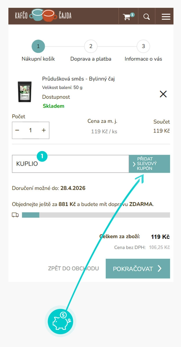 Návod jak uplatnit slevový kód v košíku e-shopu Kafčo Čajda