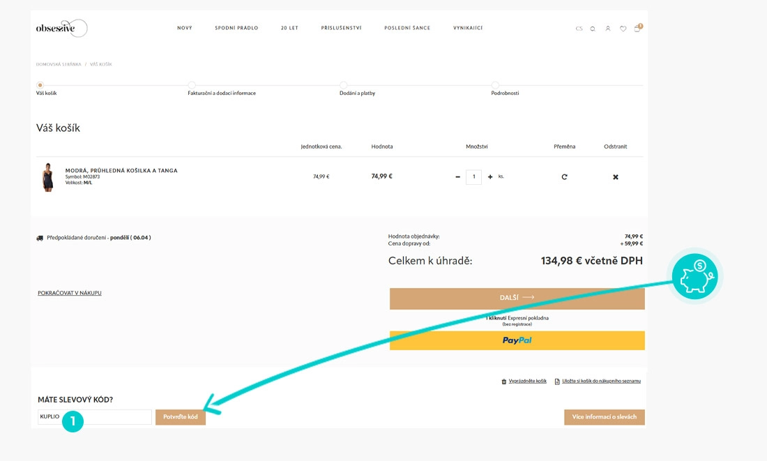 Návod jak uplatnit slevový kód v košíku e-shopu Obsessive