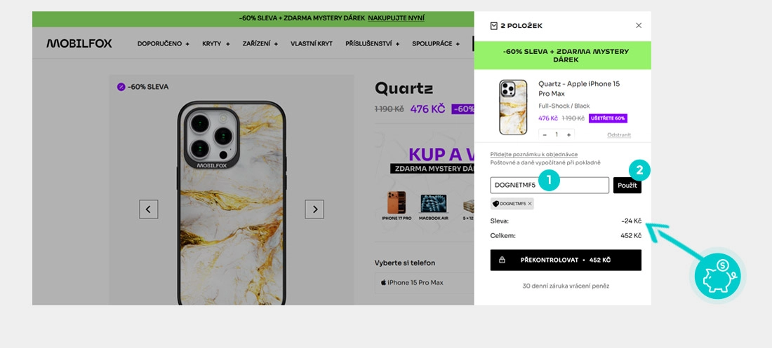 Návod jak uplatnit slevový kód v košíku e-shopu Mobilfox