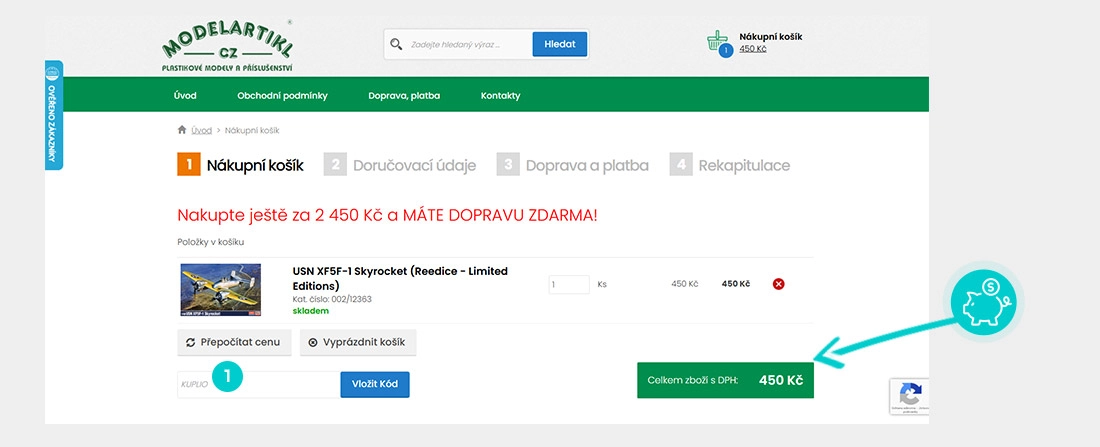 Návod jak uplatnit slevový kód v košíku e-shopu Modelartikl