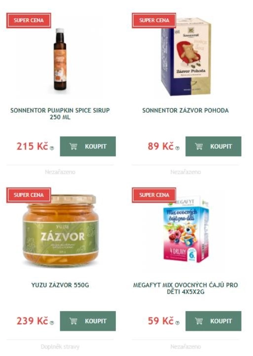 sirup, balení zázvoru a  ovocné čaje