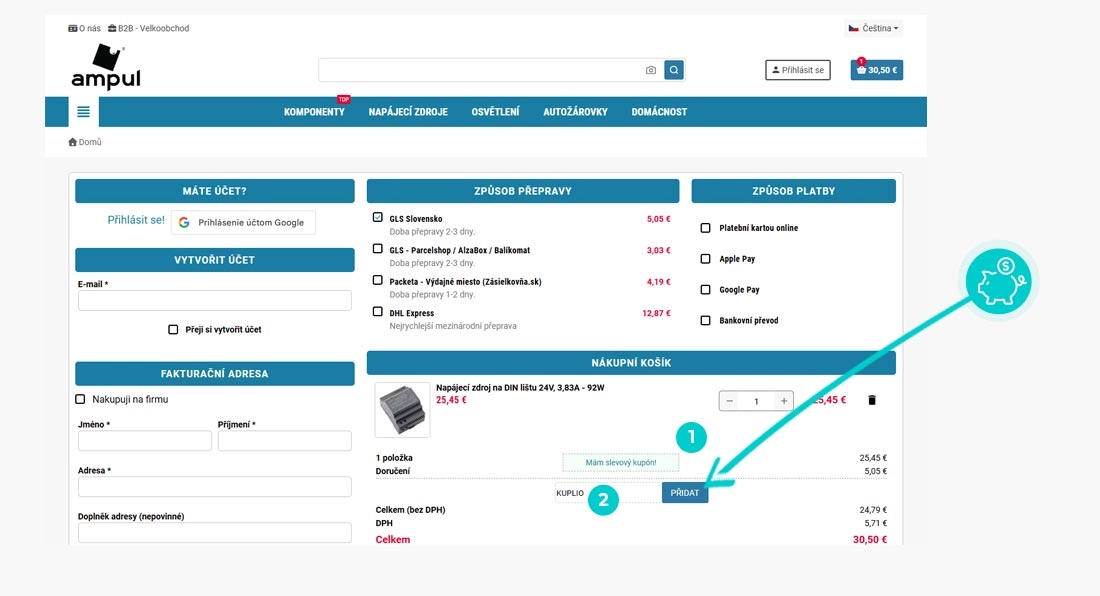 Návod jak uplatnit slevový kód v košíku e-shopu Ampul
