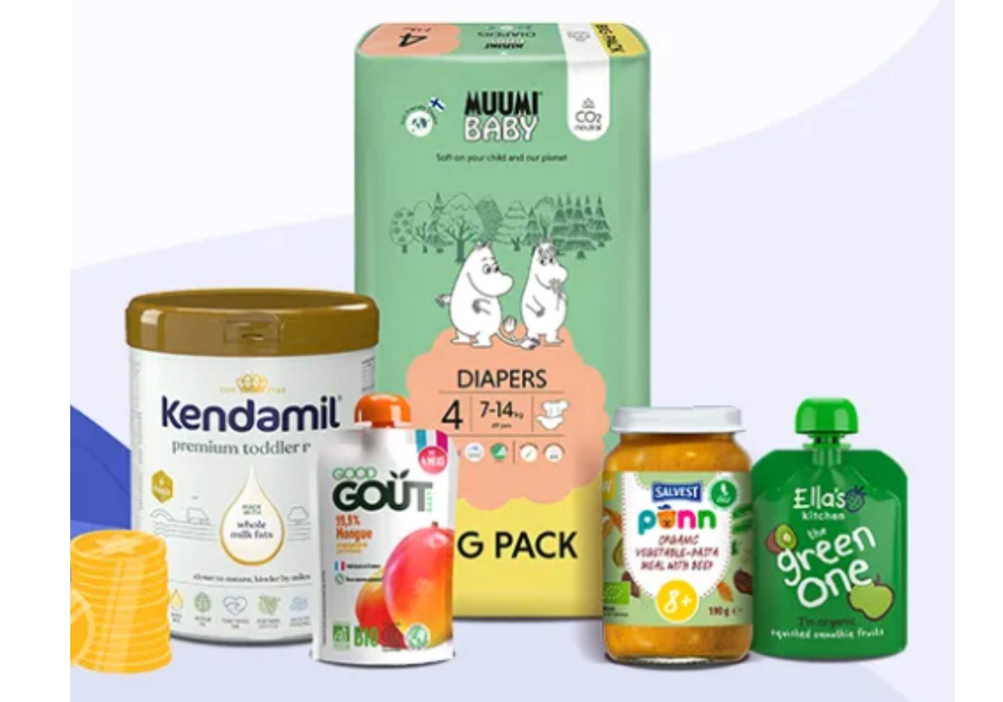 dětská výživa, mléčná kojenecká výživa v prášku, plenky a chutný snack