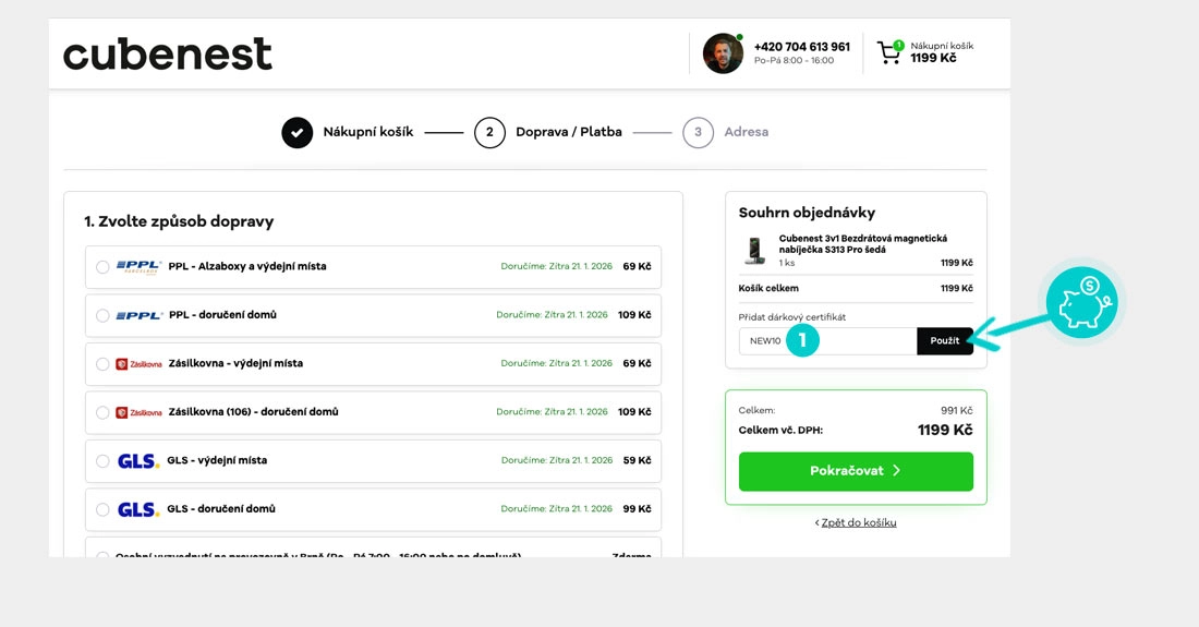 Návod jak uplatnit slevový kód v košíku e-shopu Cubenest