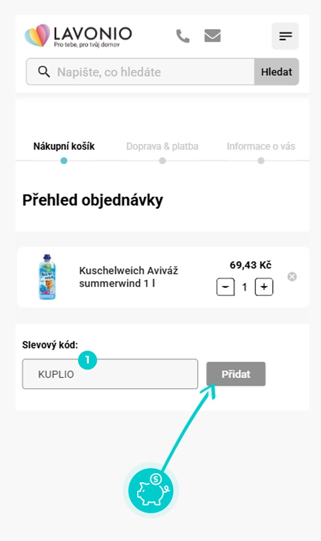 Návod jak uplatnit slevový kód v košíku e-shopu Lavonio