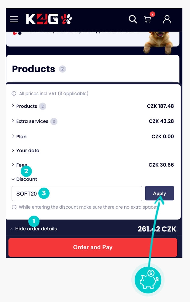 Návod jak uplatnit slevový kód v košíku e-shopu K4G